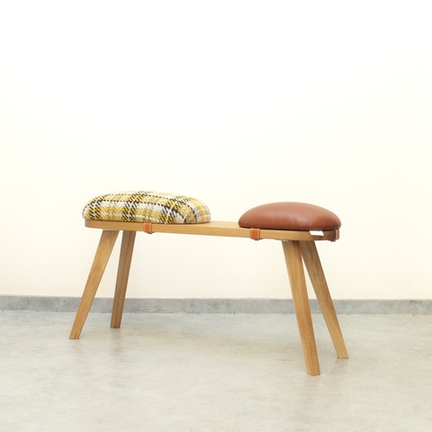 『marumoko』  bench /camel leather / black check  &white oak（突板）